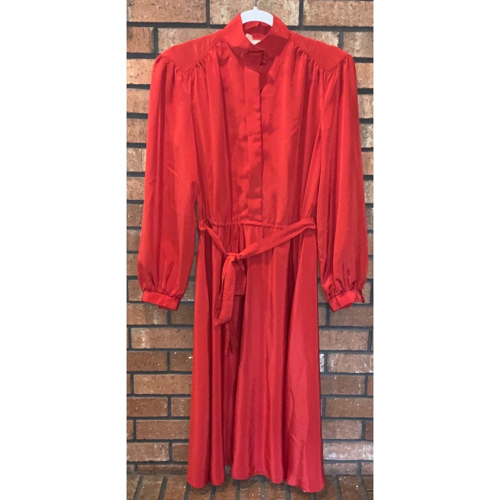 Vintage Caron Chicago Red Satin High Neck Midi Dress Long Sleeve 80s Retro M